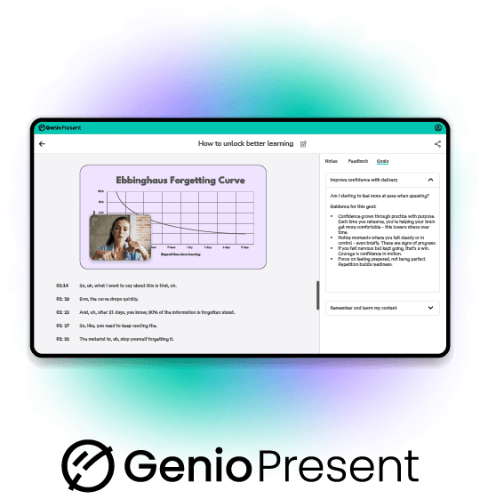 Genio Present product shot showing the rehearsal, playback, feedback, and reflection experience.