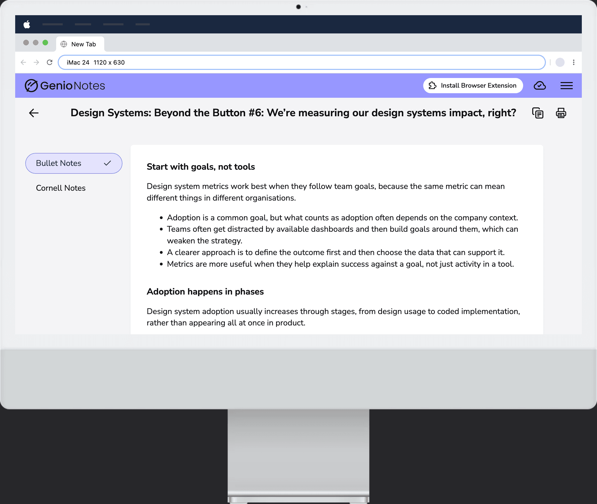 Genio Notes interface showing Cornell Notes selected with key ideas beside generated notes.
